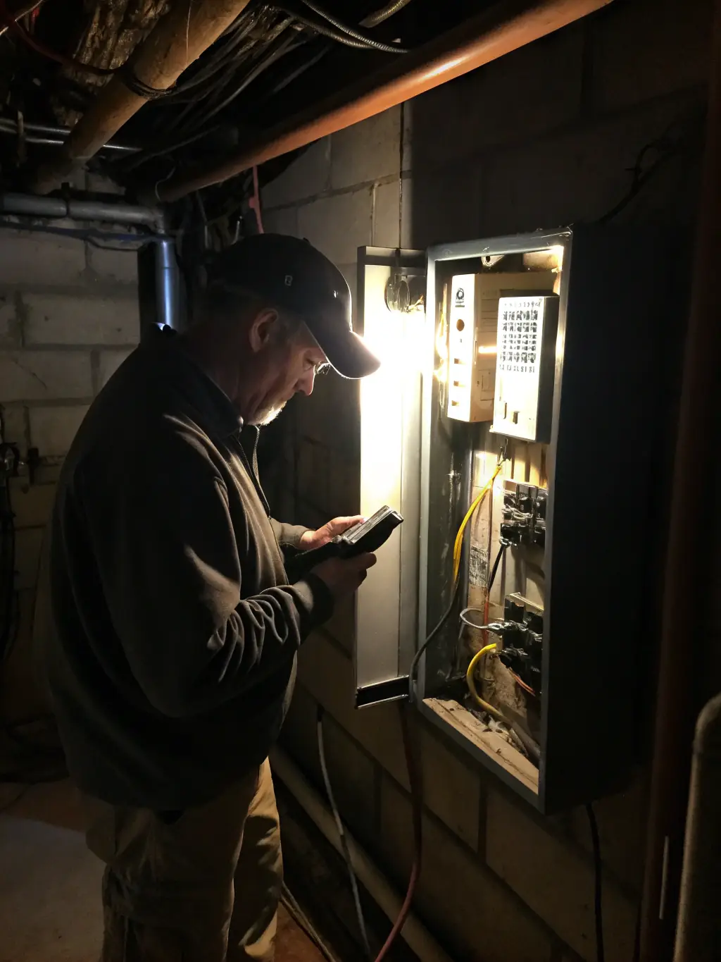 An electrician troubleshooting an electrical panel in a commercial building, identifying and resolving electrical issues efficiently.