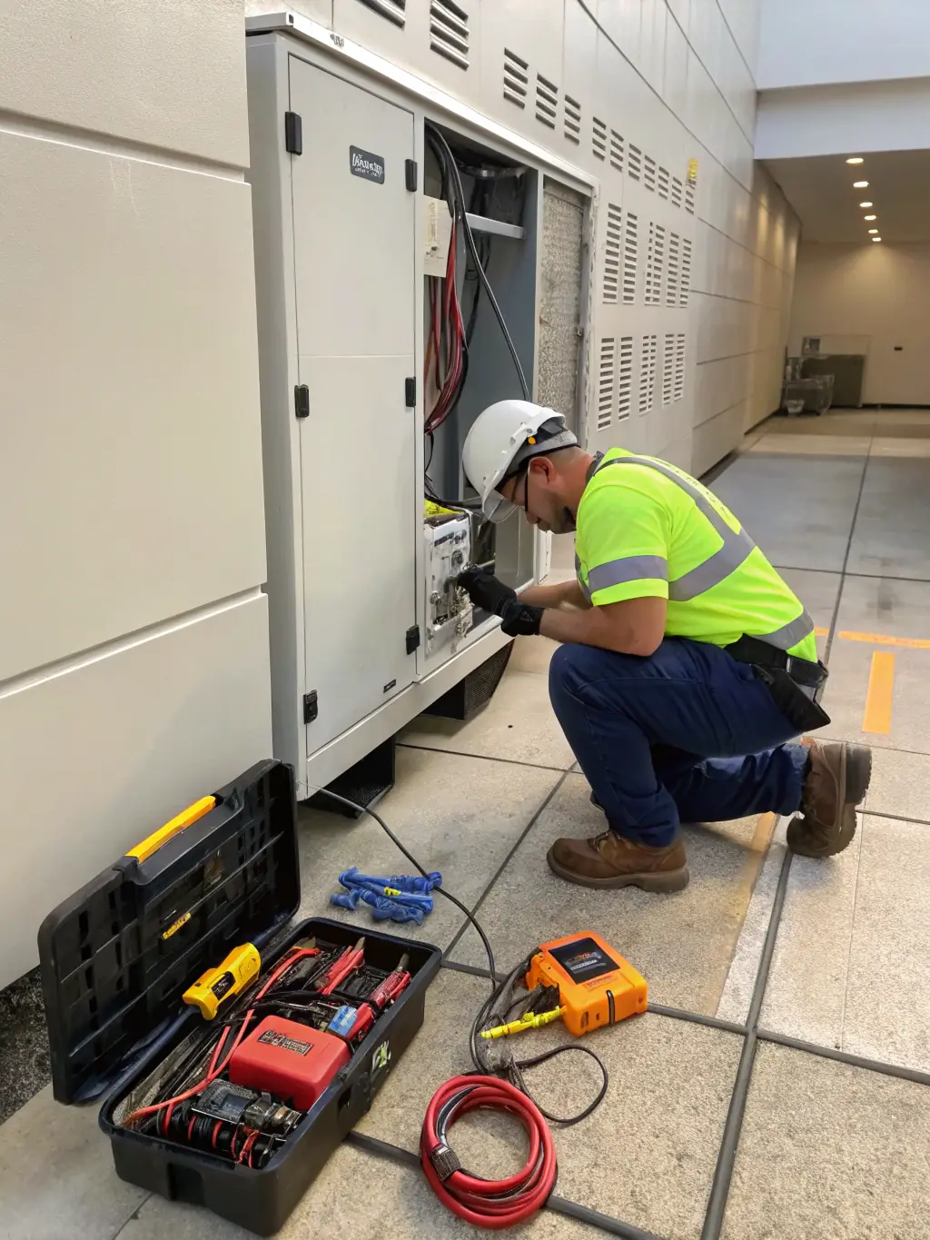 A technician performing routine maintenance on a gas-powered generator, ensuring reliable power during outages.