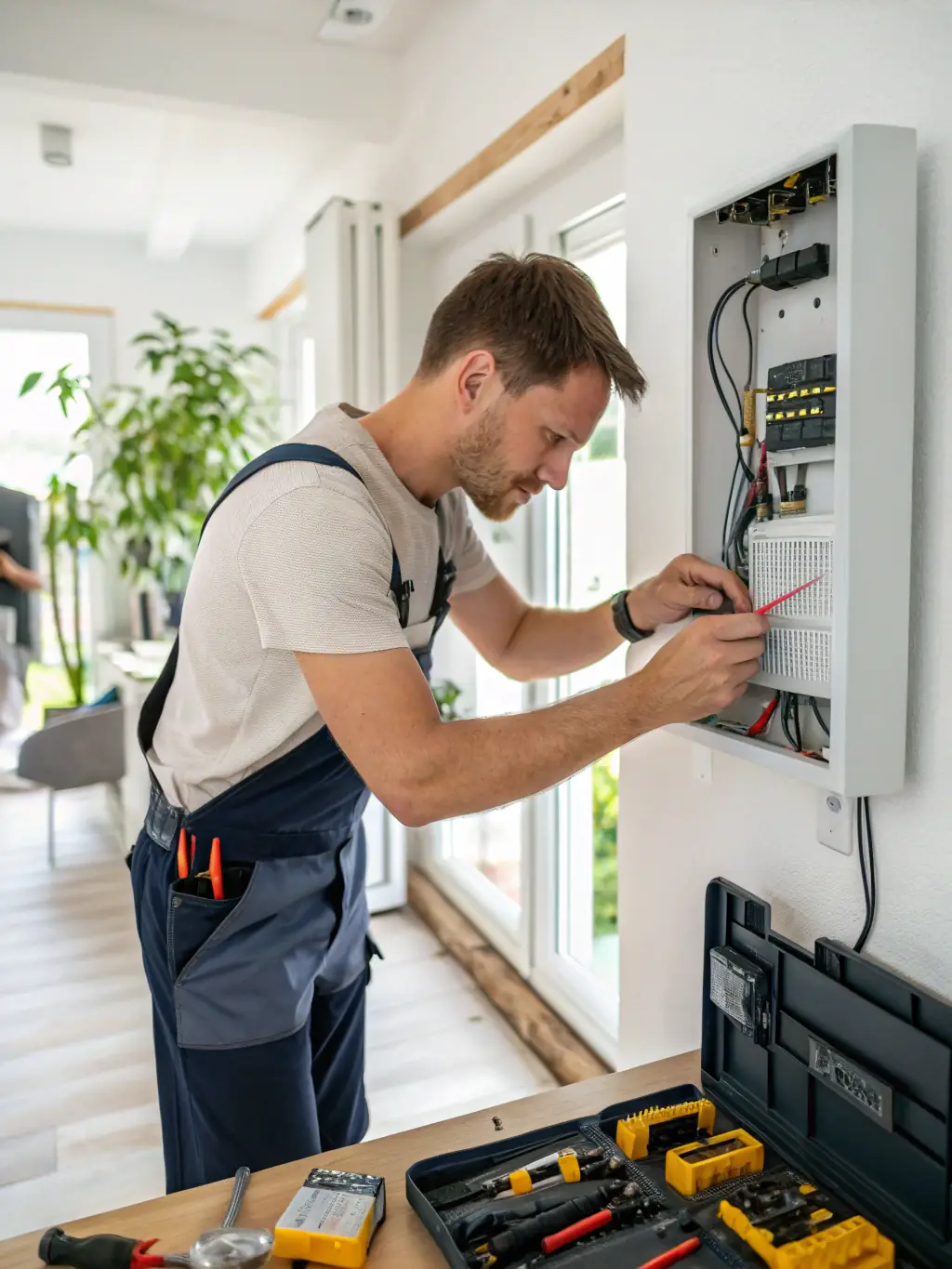 An electrician installing new wiring in a modern residential home, ensuring safety and compliance with electrical codes.
