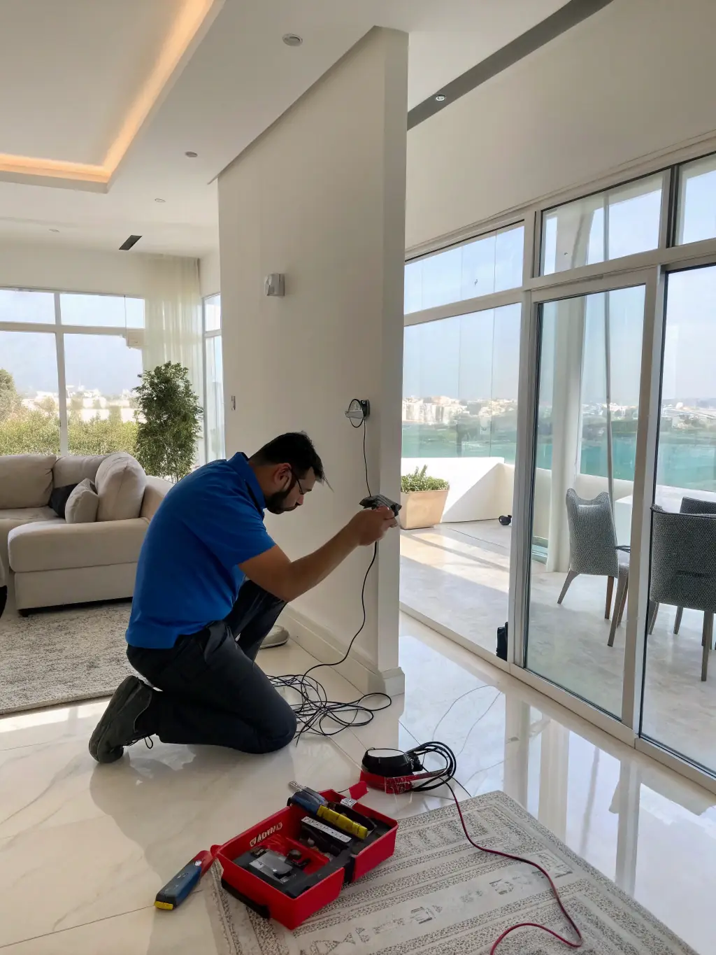 A professional electrician installing new wiring in a residential home, ensuring safety and compliance with electrical codes.