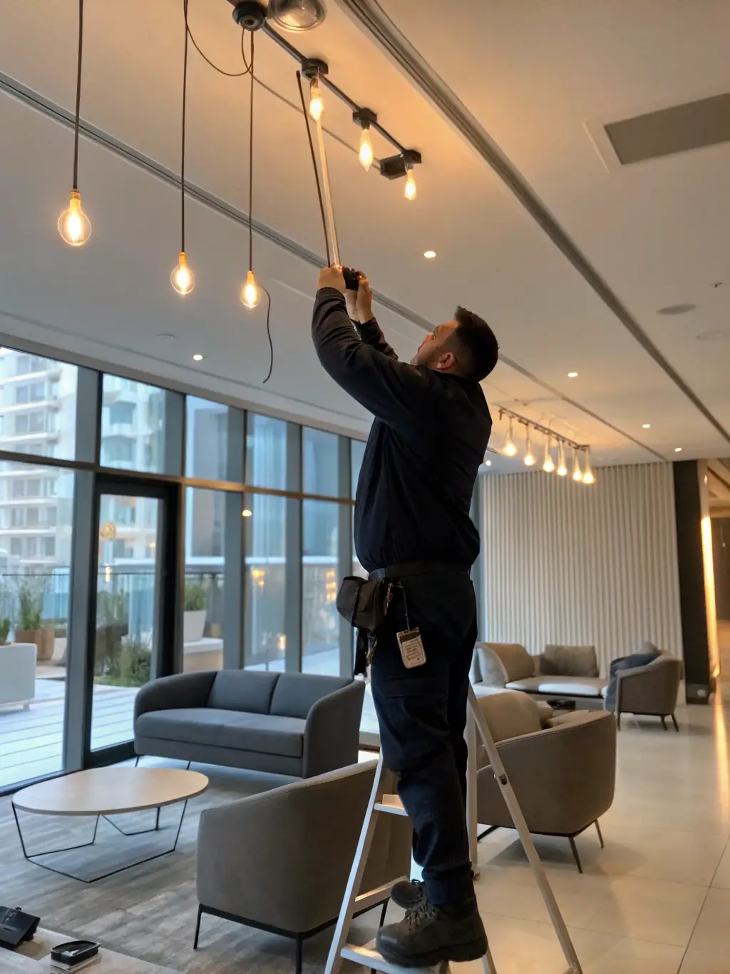 An electrician upgrading lighting fixtures in a modern office space, improving energy efficiency and aesthetics.