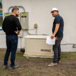 Project team reviewing an existing Generac standby generator at a luxury home renovation in Miromar Lakes, Florida