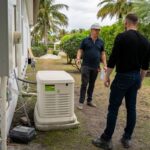 Exterior view of project team assessing a Generac standby generator during a Miromar Lakes home renovation