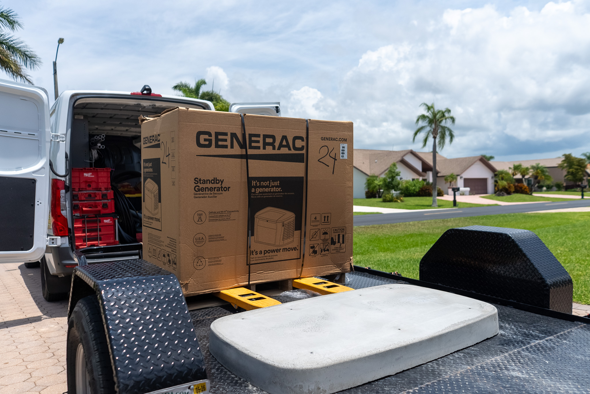 Generac standby generator delivered to a Southwest Florida home before professional installation.